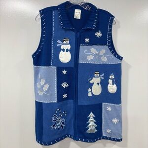 Blair women's blue cotton blend snowman Christmas zip-up sweater vest